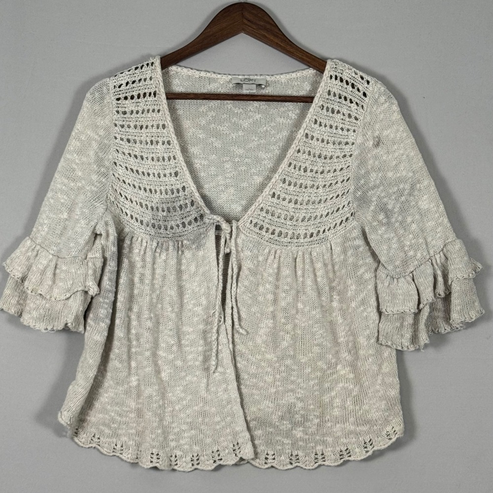 Ann Taylor Loft Cardigan Women Large Gray Off White Ruffle Sleeve Tie Front Y2K